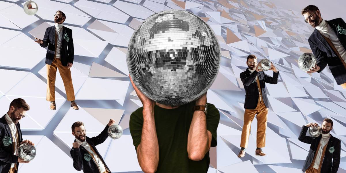 Image of man holding mirrored ball in front of face surrounded by smaller images of same man in different poses and attitudes to reflect multi-faceted nature of people and characters: simple and complex.
