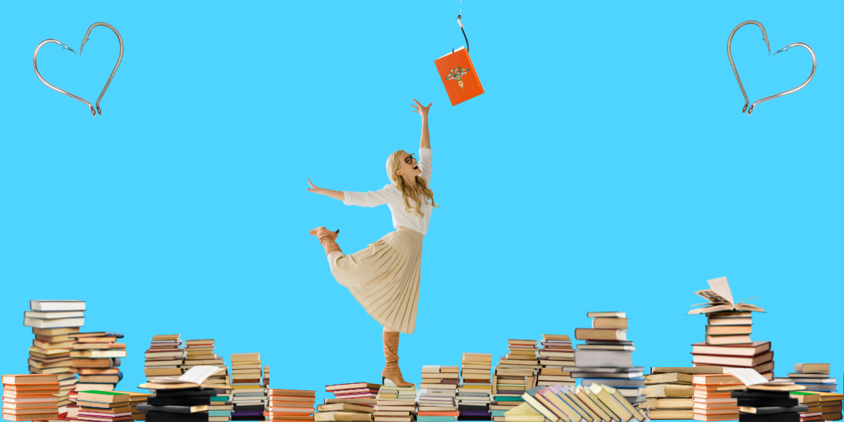 Writing Hooks blog post header image: Young woman standing on stacks of books to reach for a book hanging from a hook. Fishhooks form hearts in both upper corners.