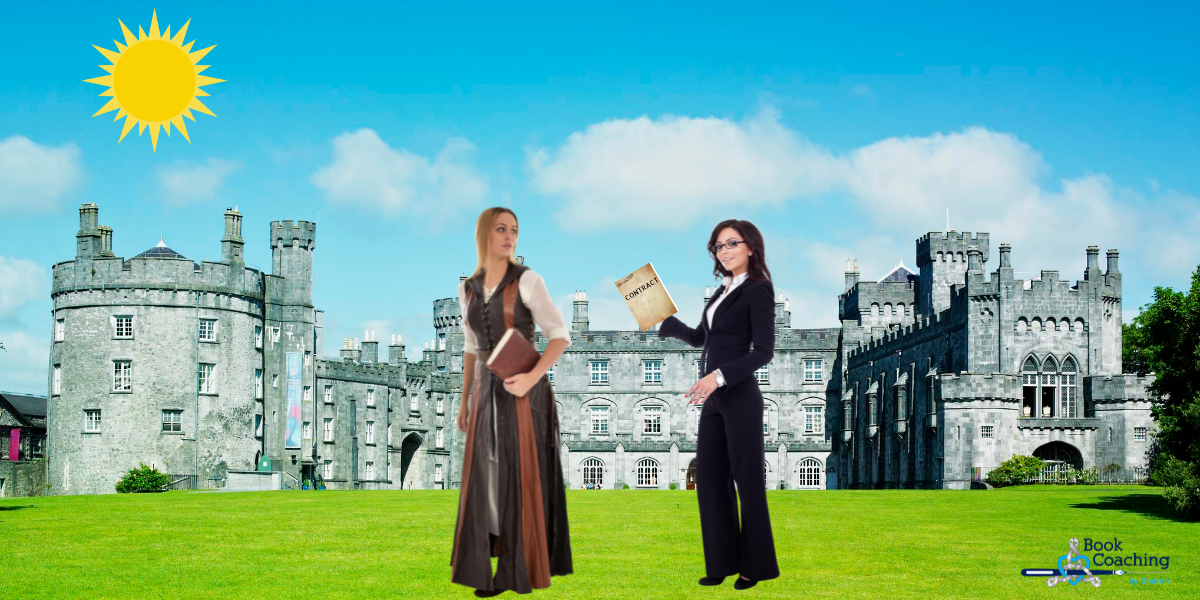 Image of castle in background with blue sky and sunshine. Author in foreground dressed in fairytale garb, holding book, being approached by woman in business suit holding a contract, to depict the imaginary Cinderella version of the query trenches process.
