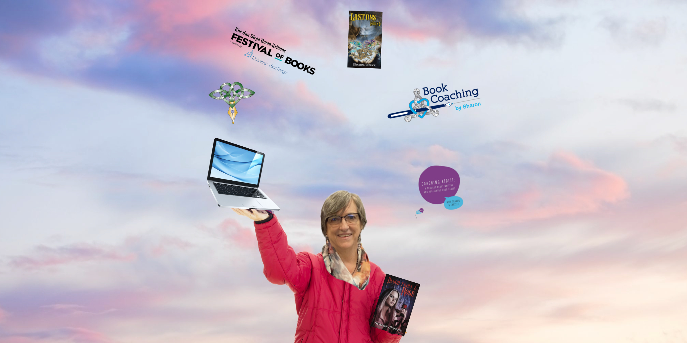 Sharon juggling images of her books (Lostuns Found & Blood From a Rose, a laptop, her business and author logos, a book festival header and a podcast logo for coaching kidlit against a cloudy evening sky to represent being an author and book coach.