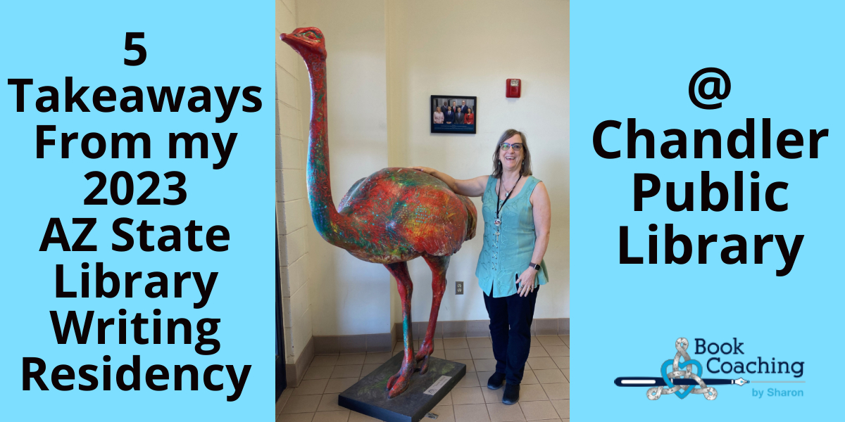 Image of Sharon standing with a large, colofrul Ostrich statue inside the Chandler Basha Library during her 2023 AZ State Writing Residency