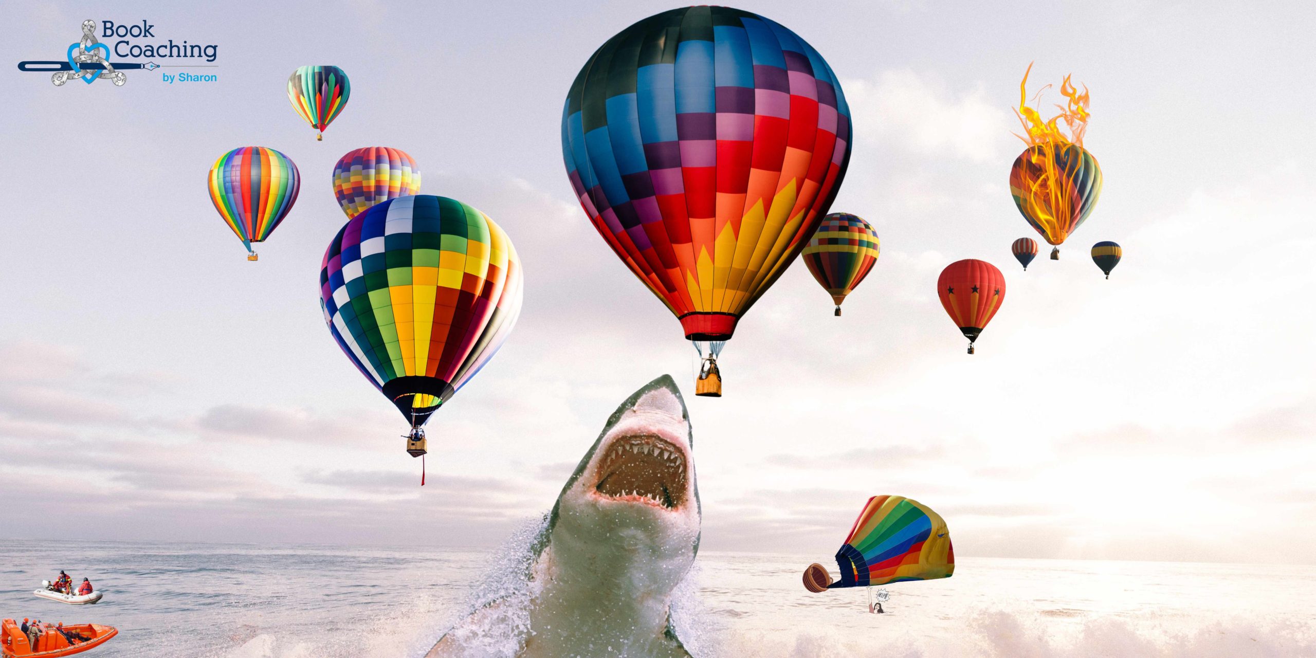 Image created in Canva shows hot air balloons in various forms of distress including collapsing in the water, being attacked by a giant shark etc., with rescue boats arriving, to depict Challenges, Threats and Near-Misses