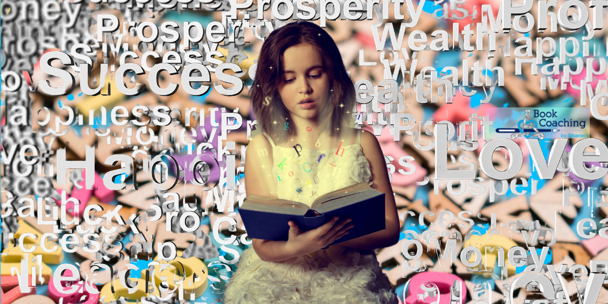 Image of a young girl reading on a background of words and letters to illustrate using our big kid words in writing.