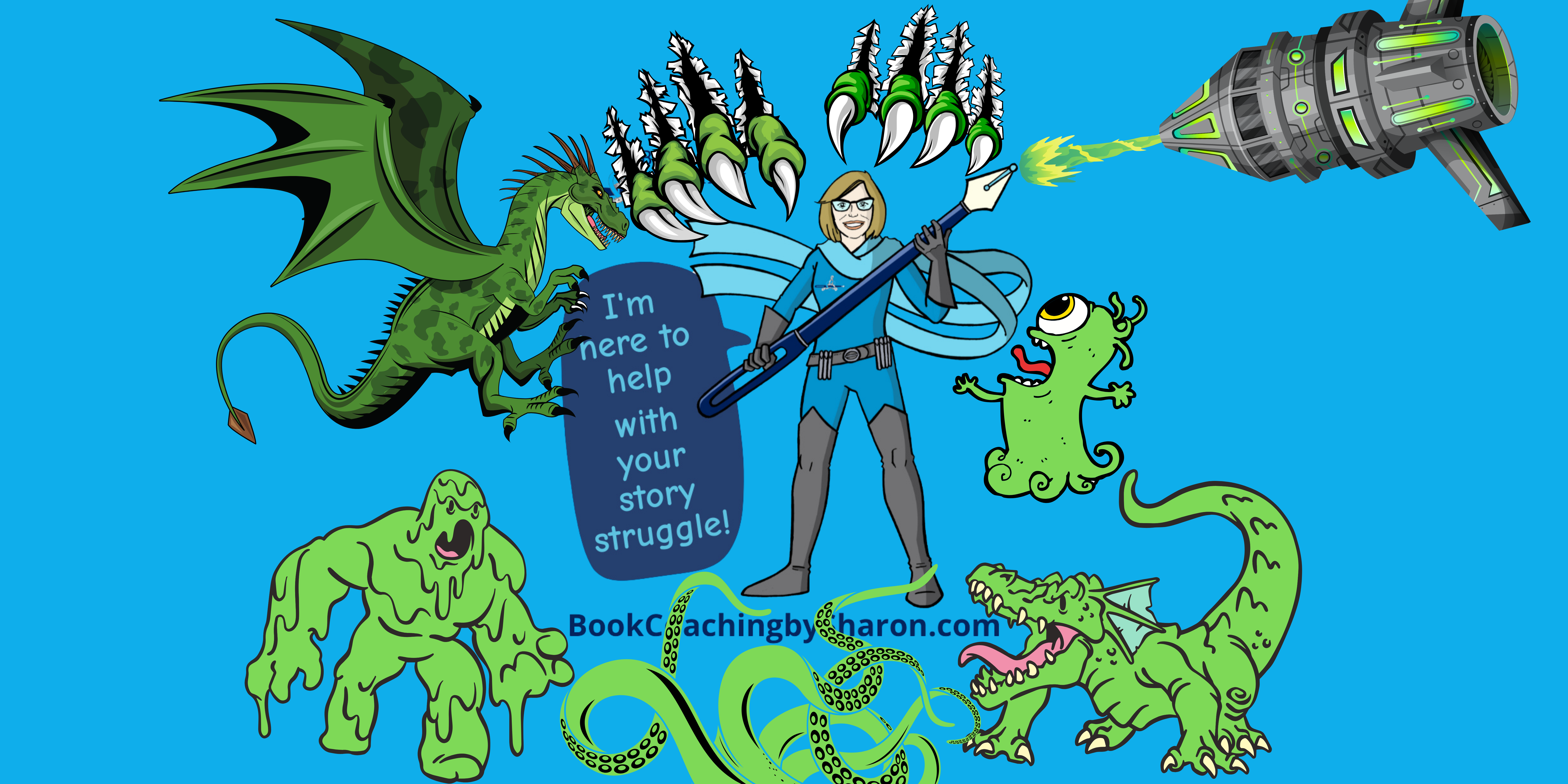 Image of Sharon as a cartoon superhero holding a giant pen and surrounded by attacking cartoon monsters and villains to illustrate what I have Learned About Storytelling from Cartoons.