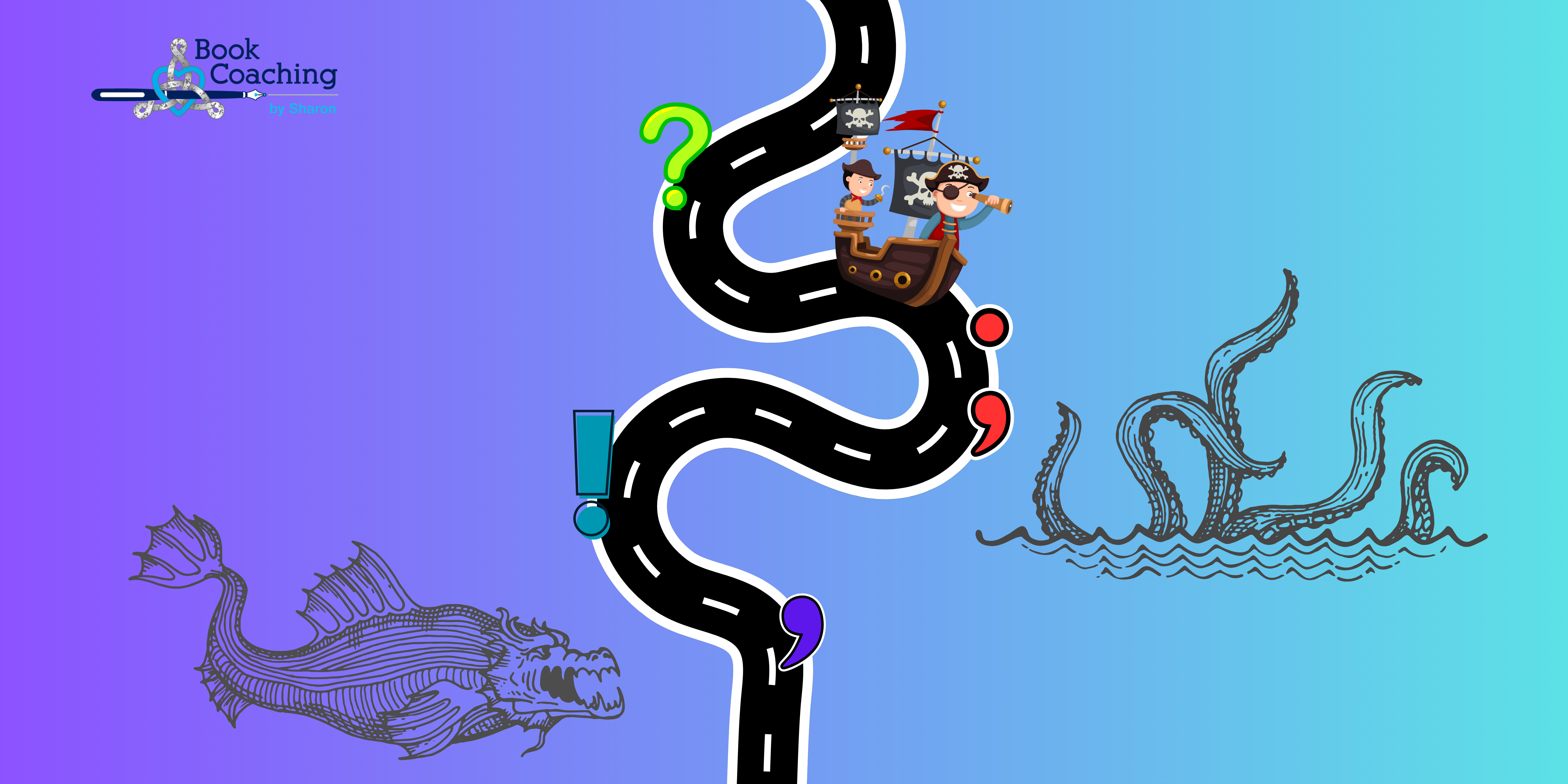 Image of Pirate ship traveling along a road with punctuation marks and sea monsters on the edges to illustrate Grammar, Punctuation and the Pirate’s Code.