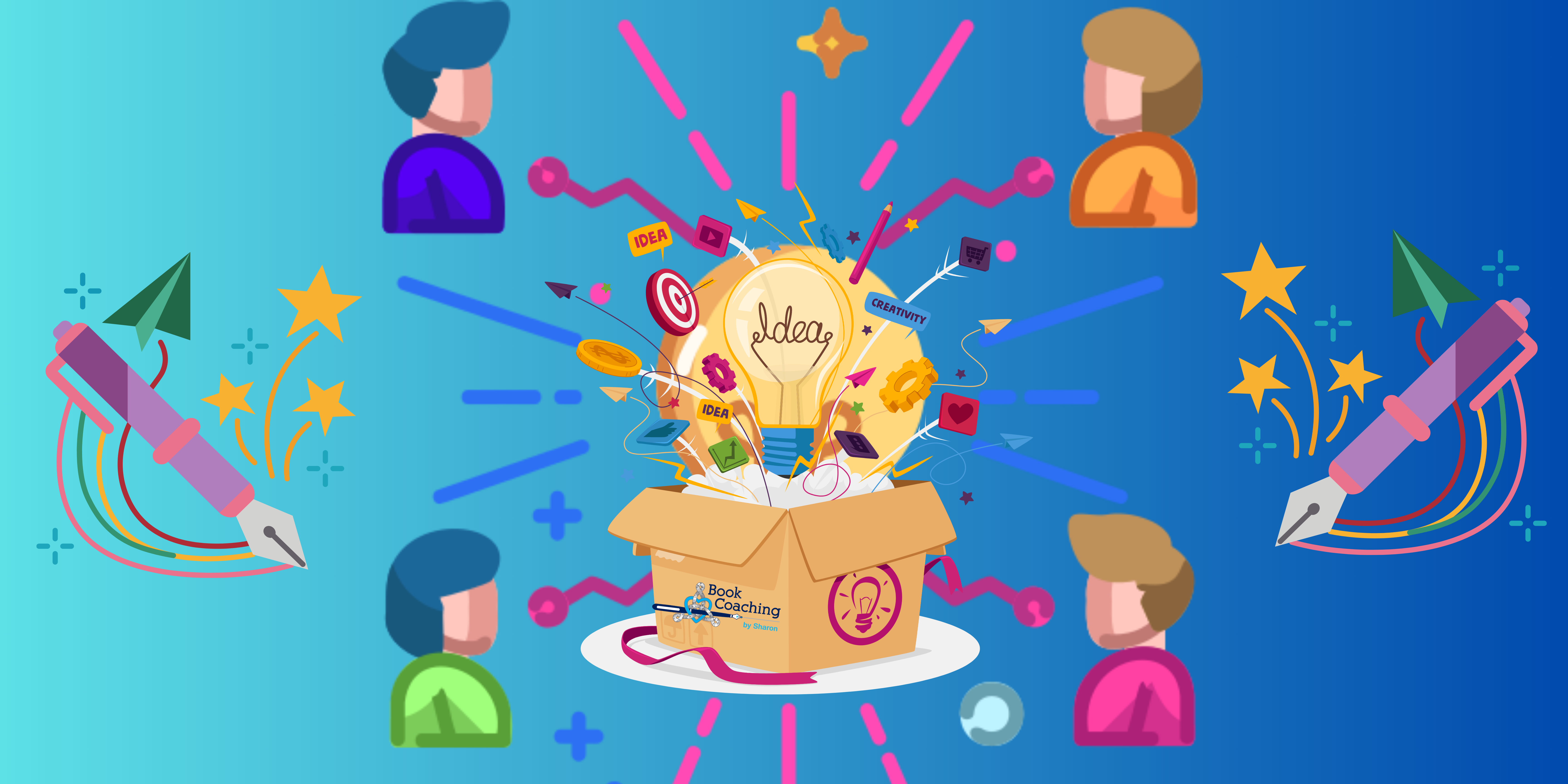 Image of ideas and creativity exploding from an open box and being shared to multiple people. Book Coaching by Sharon logo on box. Intention-Illustrates the idea of Sharing our writing/art and growing from i.