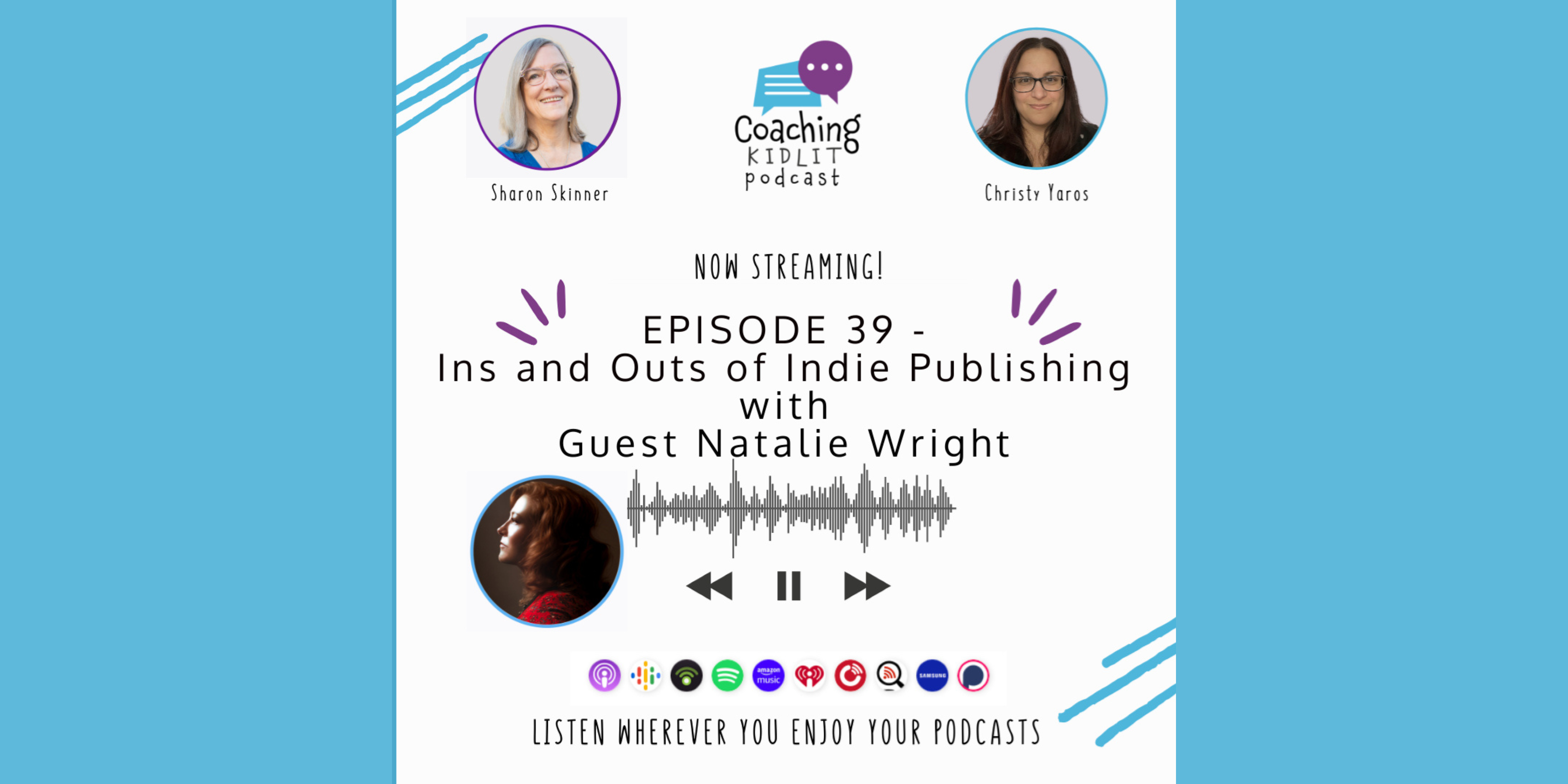 Coaching KidLit logo and headshots of book coach Sharon Skinner and Christy Yaros and Natalie Wright with text that reads: Episode 39 - Ins and Outs of Indie Publishing with Guest Natalie Wright