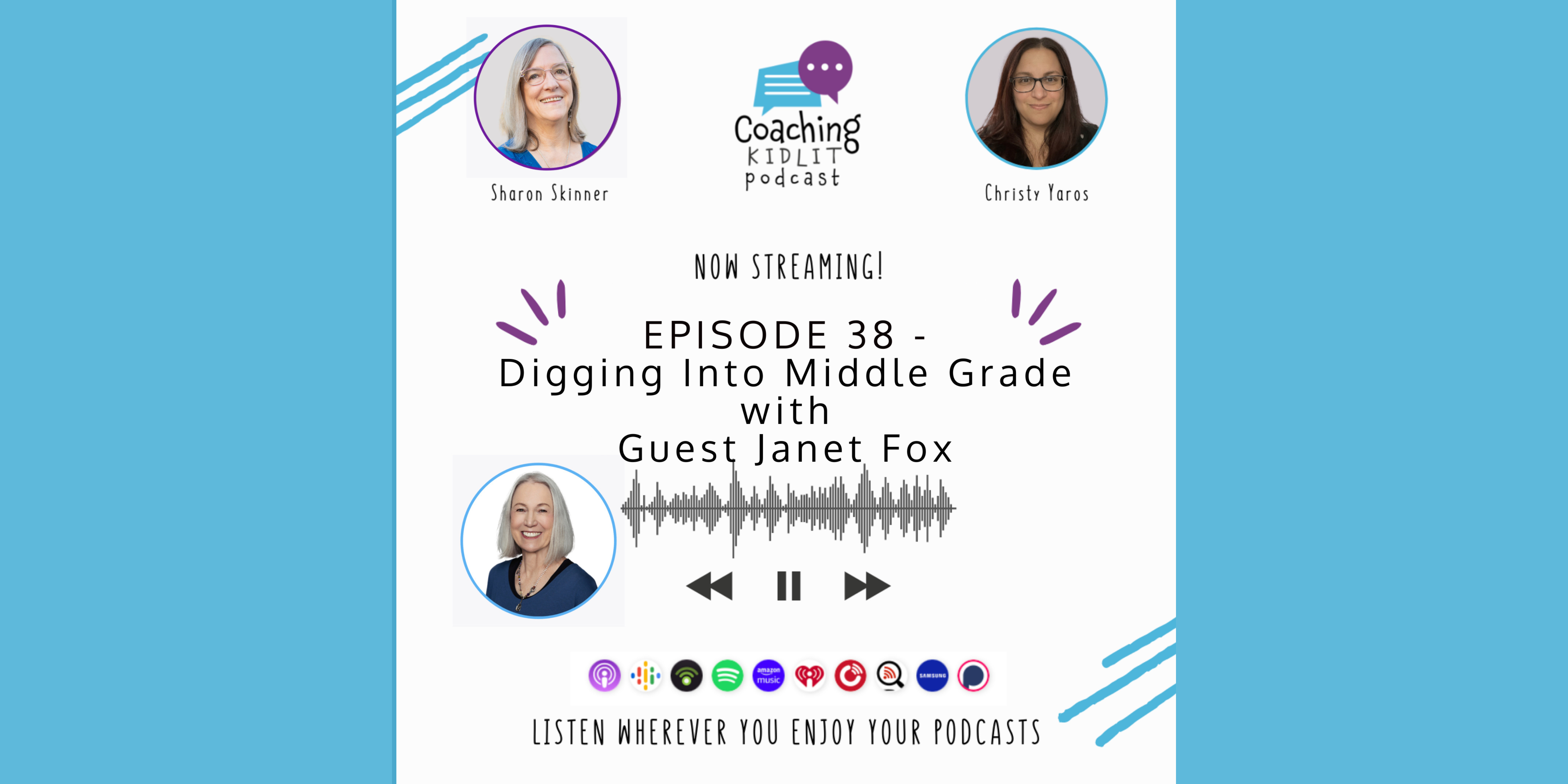 Coaching KidLit logo and headshots of book coach Sharon Skinner and Christy Yaros and Dianne White with text that reads: EPISODE 38 - Digging Into Middle Grade with Guest Janet Fox