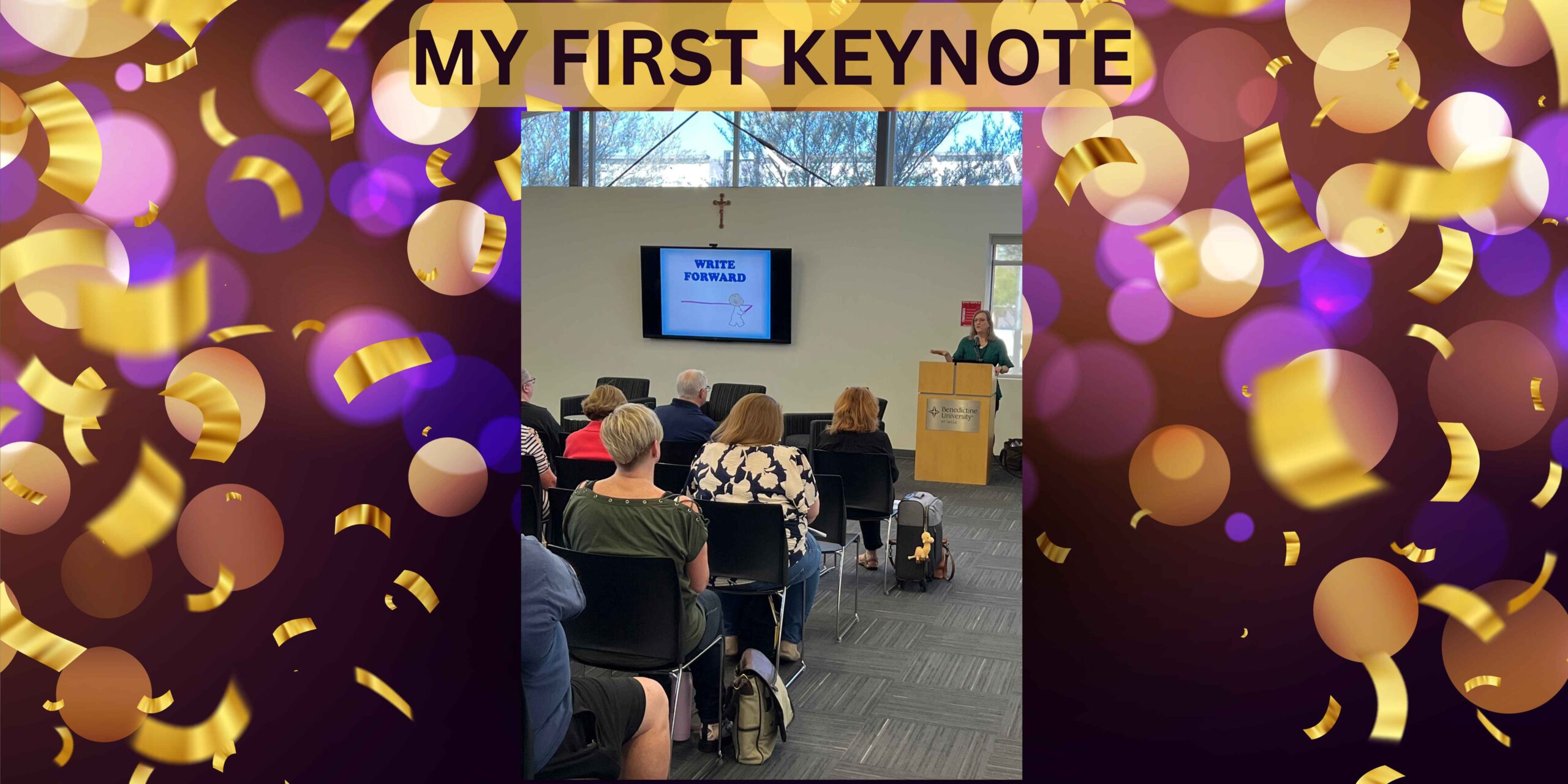 Image of Sharon speaking in front of writers conference attendees with the text "My First Keynote"