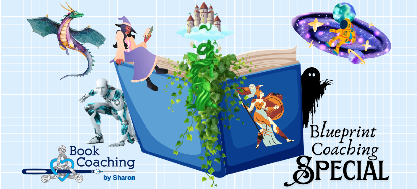Image of book on blueprint paper background with a wizard on the cover and a beanstalk castle, dragon, robot, ghost, witch and pegasis emerging from the pages above Sharon's book coaching logo and text that reads Blueprint Coaching Special