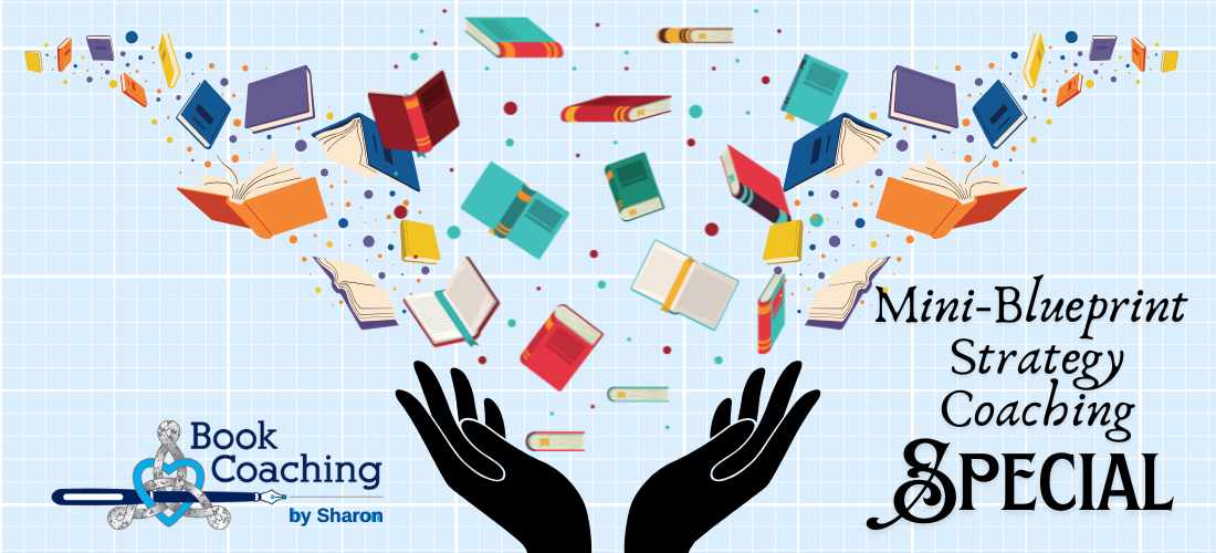 Image of books flying out from open hands above Sharon's book coaching logo and text that reads Black Friday Mini-Blueprint Strategy Session Special